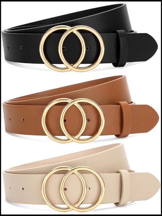 3 Pack Women Waist Belts Faux Leather Double O-Ring Gold Buckle Jeans Pants main image 6